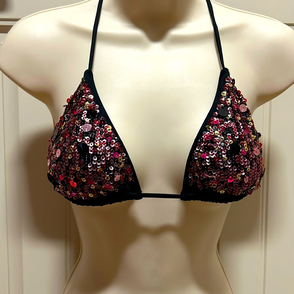 Victoria’s Secret Sequence/Jeweled Black/Maroon Triangle Bikini Top